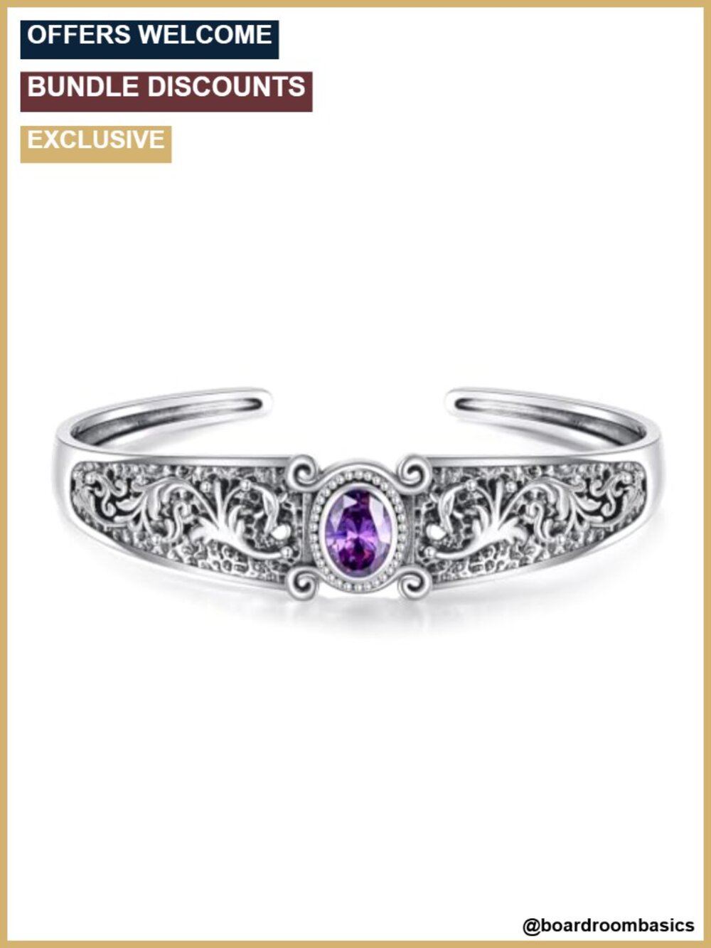 925 Sterling Silver Amethyst Cuff Bracelet Vintage Filigree Bangle Women